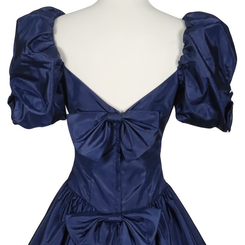 Vintage 80s Navy Blue Taffeta Puff Sleeve Full Skirt Hi Lo Prom Party Dress XS - Picture 3 of 10